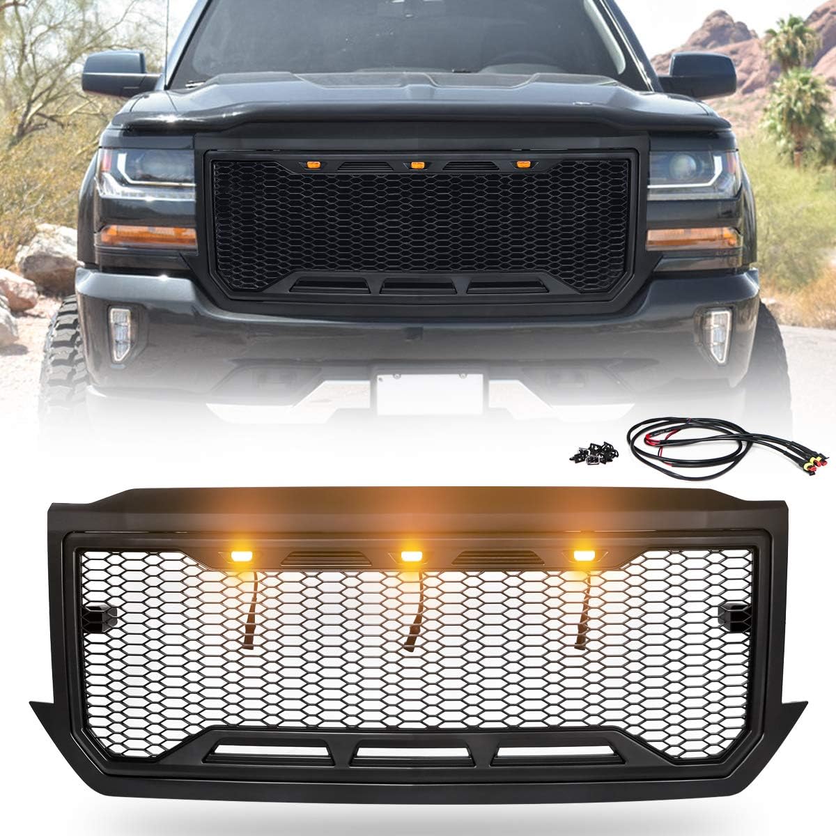 VZ4X4 Front Grille ABS Mesh Grill Fit For 2016 2017 2018 Chevrolet/Chevy Silverado 1500 Heavy Duty Grill W/ 3 Amber LED Lights & Wiring Harness Kit - Matte Black