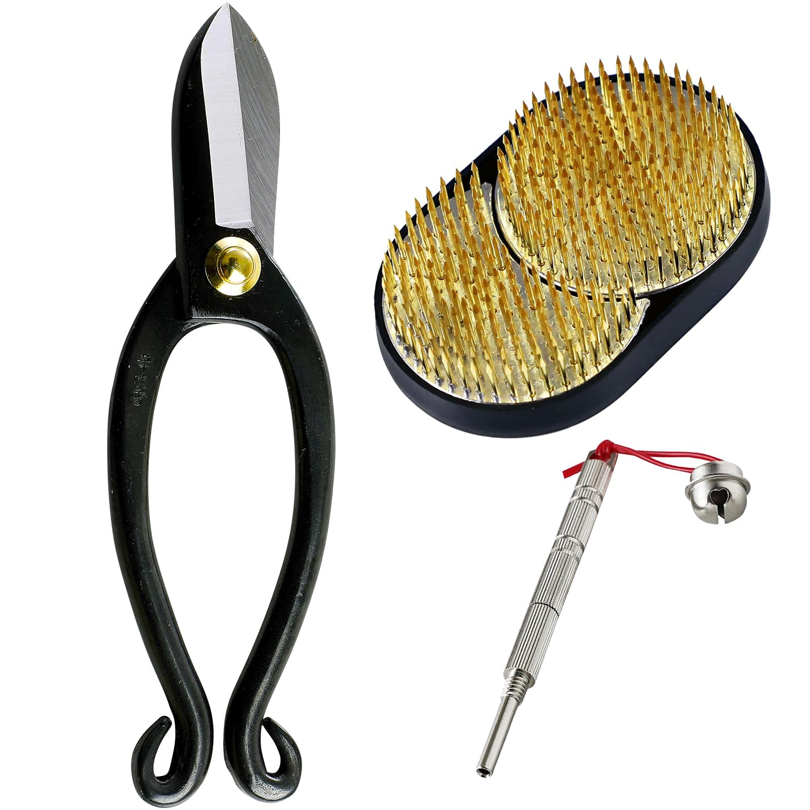 Wazakura 3PCS Japanese Ikebana Essential Tool Set MADE IN JAPAN, Floral Arrangement Kit [ Ikenobo Scissors + Sun and Moon Kenzan Flower Pin Holder + Kenzan Care Tool ] — image 1