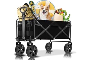 AMNOW Collapsible Folding Beach Wagon, Utility Large Capacity Cart Foldable Wagon with All Terrain Wheels, 200LBs Grocery Wagon Cart for Garden Shopping Sports Camping, Black