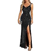 Ever-Pretty Women's Formal Wedding Guest Dresses V-Neck Stretchy Glitter Bodycon Sleeveless High Split Sexy Prom Dress