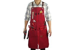 Stenffy Woodworking Apron, Tool Apron, Canvas, Multiple Pockets, Adjustable Zipper, Metal Ring, Tape Measure Clip, Plus Size, Red