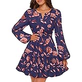 MEROKEETY Fall Wedding Guest Dresses for Women Long Sleeve Floral Casual Lightweight Flowy Swing Boho Dress Pockets