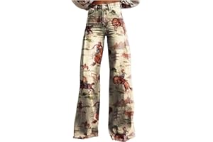 Womens Wide Leg Jeans Pull On Baggy Flare Denim Pants Floral Print 90s Vintage Fashion High Waisted Casual Bell Bottoms