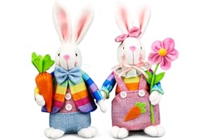 Teeker Easter Bunny Decorations - Easter Bunny Plush Spring Decorations Easter Rabbit with Carrot and Flower Bunny Table Decor Bunnies Figurines for Easter Home Centerpiece Indoor