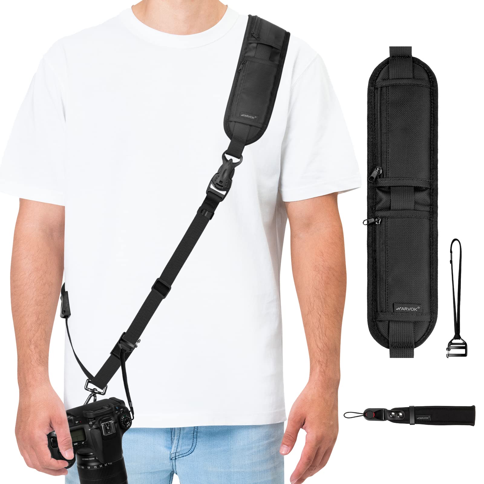 ARVOK Camera Strap - Quick Release & Safety Tether, Adjustable Shoulder Strap for Nikon, Canon, Sony, Fuji DSLR Cameras