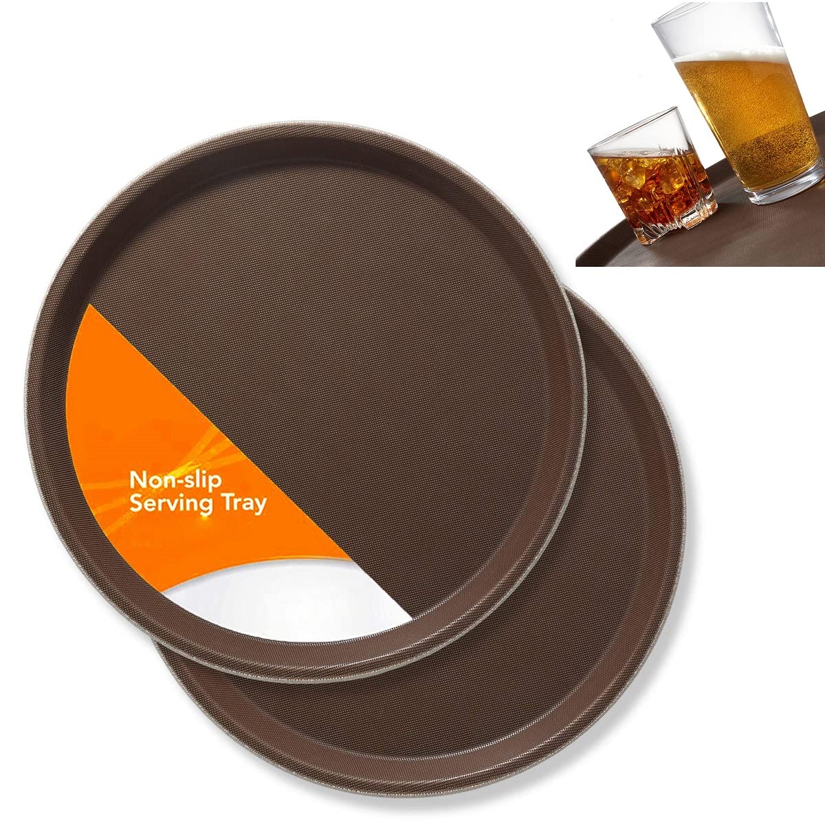 Non Slip Round Serving Tray, 11 Inch Anti Slip Tableware and Bar Serving Tray for Drinks, Home Kitchenware, Bars and Restaurants (Pack of 2, 28 cm)