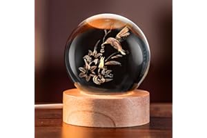 IFOLAINA 3D Hummingbird Crystal Ball with Wooden Light Base 2.36" Engraved Hummingbird Glass Decorative Globe Lamp Decor Hummingbird Gifts for Women Friends Lovers