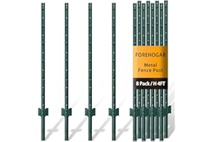 FOREHOGAR Metal Fence Post 4 Feet Green, Pack of 8, T Post for Wire Fence, No Dig Steel U Posts Fencing for Lawn Garden Wire Mesh Fences Poles Sign Outdoor Light Duty