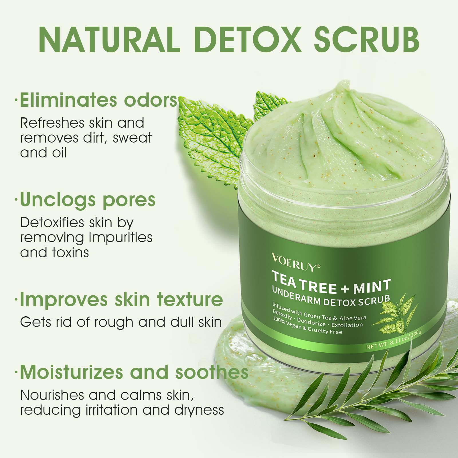 Armpit Detox Scrub with Tea Tree, Mint & Walnut Shell Powder, Underarm Scrub for Removing Odor & Exfoliating, Dark Armpit Remover, Natural Unisex Body Deodorant for Full Body Care 8.11 Oz