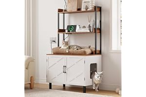 ONBRILL 55 Inches Cat Litter Box Enclosure, Hidden Litter Box Furniture with 2 Storage Shelves and Charging Sockets, Wooden Cat House, Large Indoor Cabinet for Living Room & Entryway, White