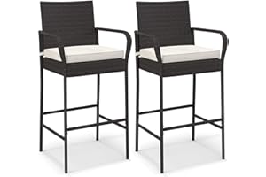 DORTALA Wicker Patio Bar Chairs Set of 2, Outdoor PE Rattan Bar Stools with Cushion, Armrests, Footrest and Backrest, 400 Lbs