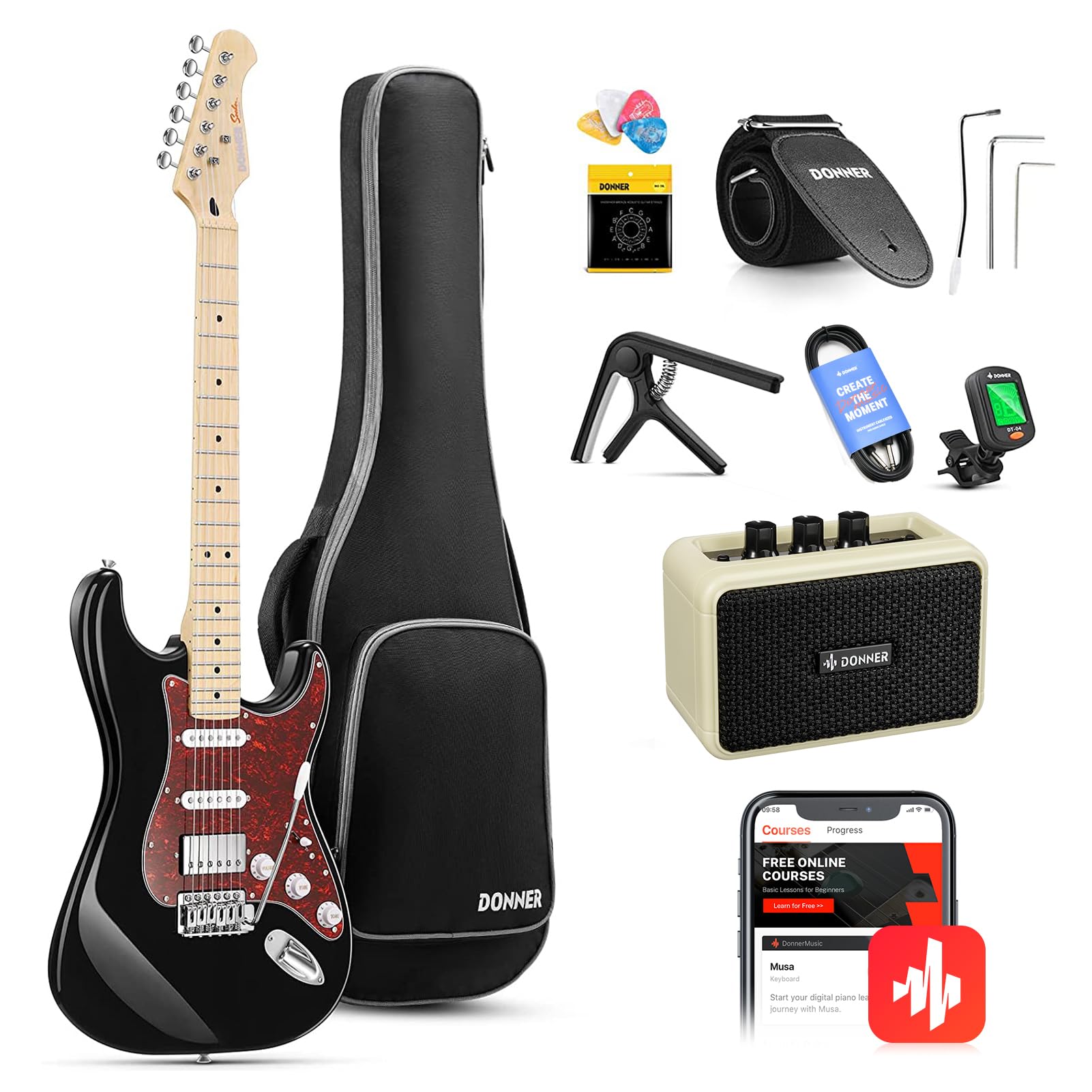 Donner, DST-152B 39" Electric Guitar Kit HSS Pickup Coil Split with Amp, Bag, Accessories, Black Solid Body Guitarra Electrica Image