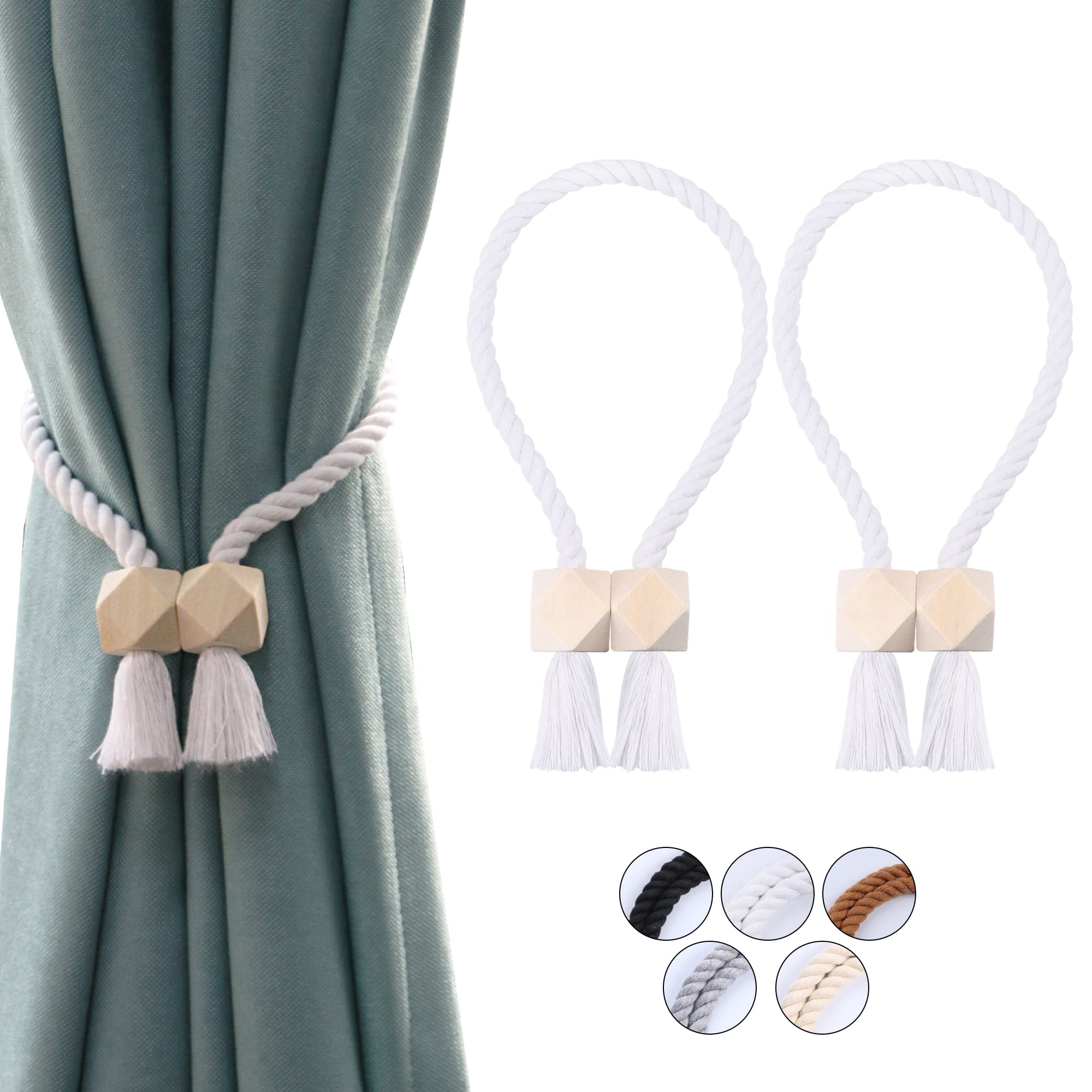 OCIOLI 2 Pack Strong Magnetic Curtain Tiebacks Curtain Holdbacks Outdoor Curtain Tiebacks Cotton Hand Woven Tie Backs Drapery Holdbacks Curtain Ties for Drapes (White, 2)