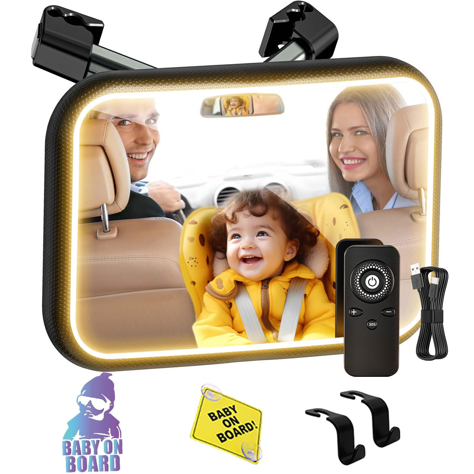 SHEGZHUC Baby Car Mirror with Light - 360° Remote Control Back Seat Mirror, Metal Clip - First Equipment for Newborn + 2 Stickers & 2 Headrest Hooks