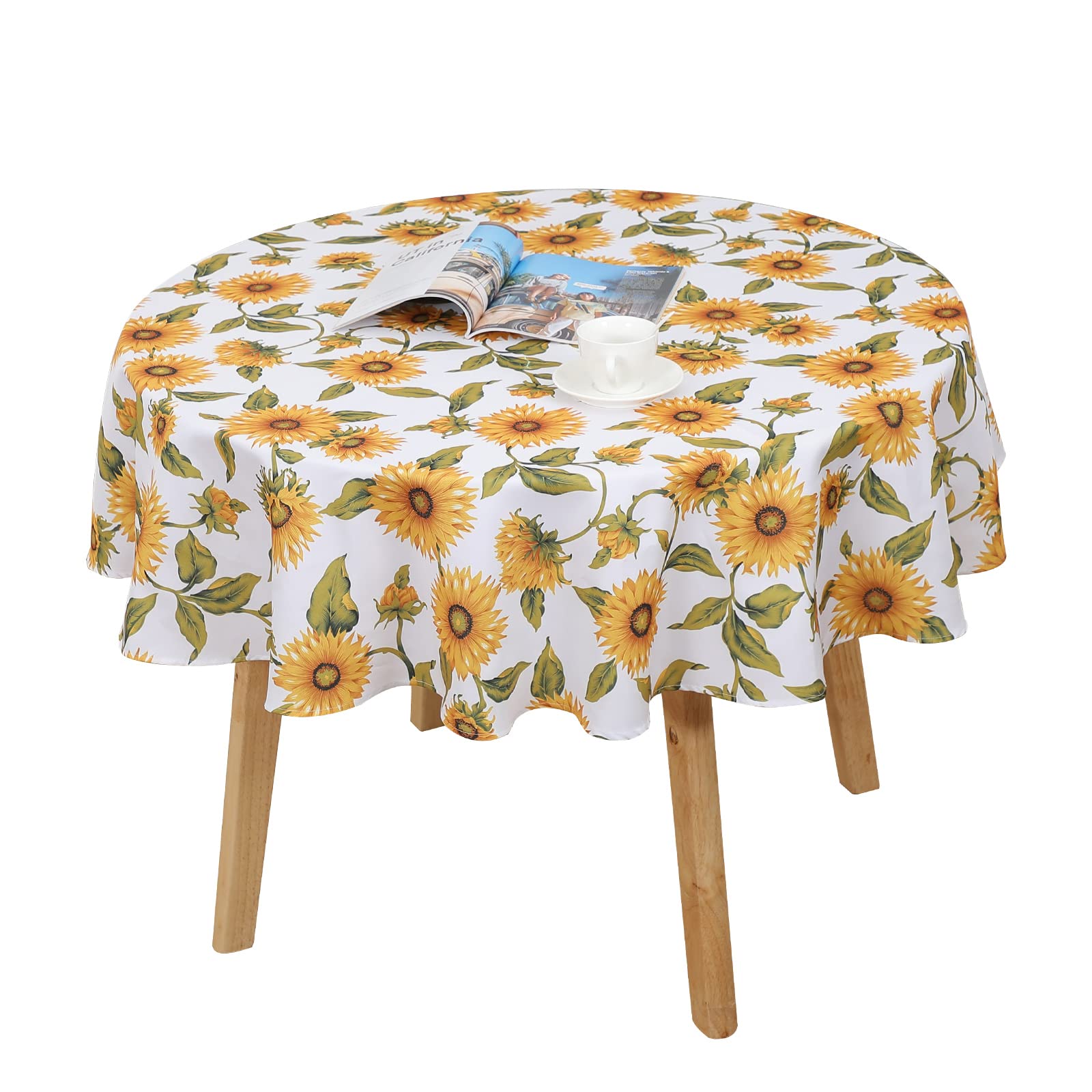 Qucover Round Tablecloth 180cm Sunflower Polyester Table Cloth Wipe Clean 70" Circle Tablecloths Wrinkle Free Stain Resistant Wipeable Tablecloth for Dining Tea Table and Outdoor