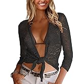 Nulibenna Womens Sheer Shrug Sweaters 3/4 Sleeve Open Front Tie Cardigan Bolero Jacket Lightweight Crochet Knit Cover Up Tops