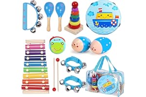 MAXZONE Kids Musical Instruments Sets, 12pcs Wooden Percussion Instruments Toys Tambourine Xylophone for Kids Playing Preschool Education, Early Learning Musical Toys for Boys and Girls Gift