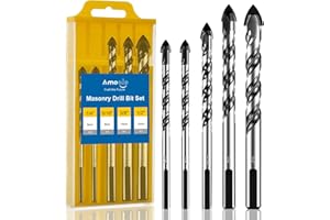 amoolo Masonry Drill Bit Set 5pcs, Concrete Drill Bits with Carbide Tip (1/4”-1/2”) for Brick, Tile, Cement, Ceramic, Glass, Plastic, Etc.