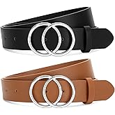 SANSTHS 2 Pack Women Leather Belts Faux Leather Jeans Belt with Double O Ring Buckle