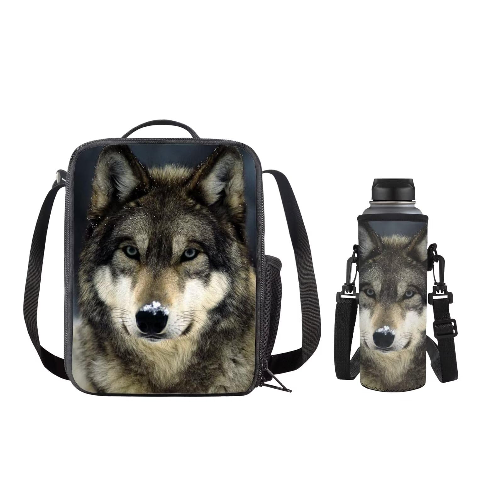 SEANATIVE Boys 2Pcs/Set Wolf Thermal Soft Lunch Bag with Water Bottle Carrying Case for School Sport Work, Portable Travel Accessories