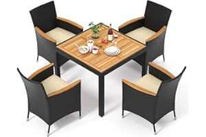 Tangkula 5 Pieces Patio Dining Table Set for 4, Rattan Conversation Set with Umbrella Hole, Seat Cushions & Acacia Wood Tabletop, Outdoor Dining Table with 4 Chairs for Backyard, Poolside & Deck