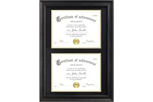 Yaetm Vertical Double Diploma Frame 14x20 for Two 8.5x11 Certificates, Degrees, Documents, Tempered Glass with Black Over Gold Acid-free Mats, Dual Diploma Frames, Black/Black