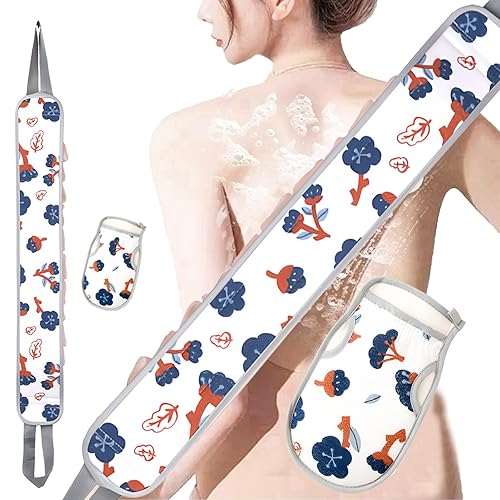 LHLZNB Double-Layer Exfoliating Bath Towel & Scrub Gloves Set - Exfoliating Shower Towel with Shower Gloves for Body Scrub, Back Cleaner Wash Gloves to Remove Dead Skin (Blue)