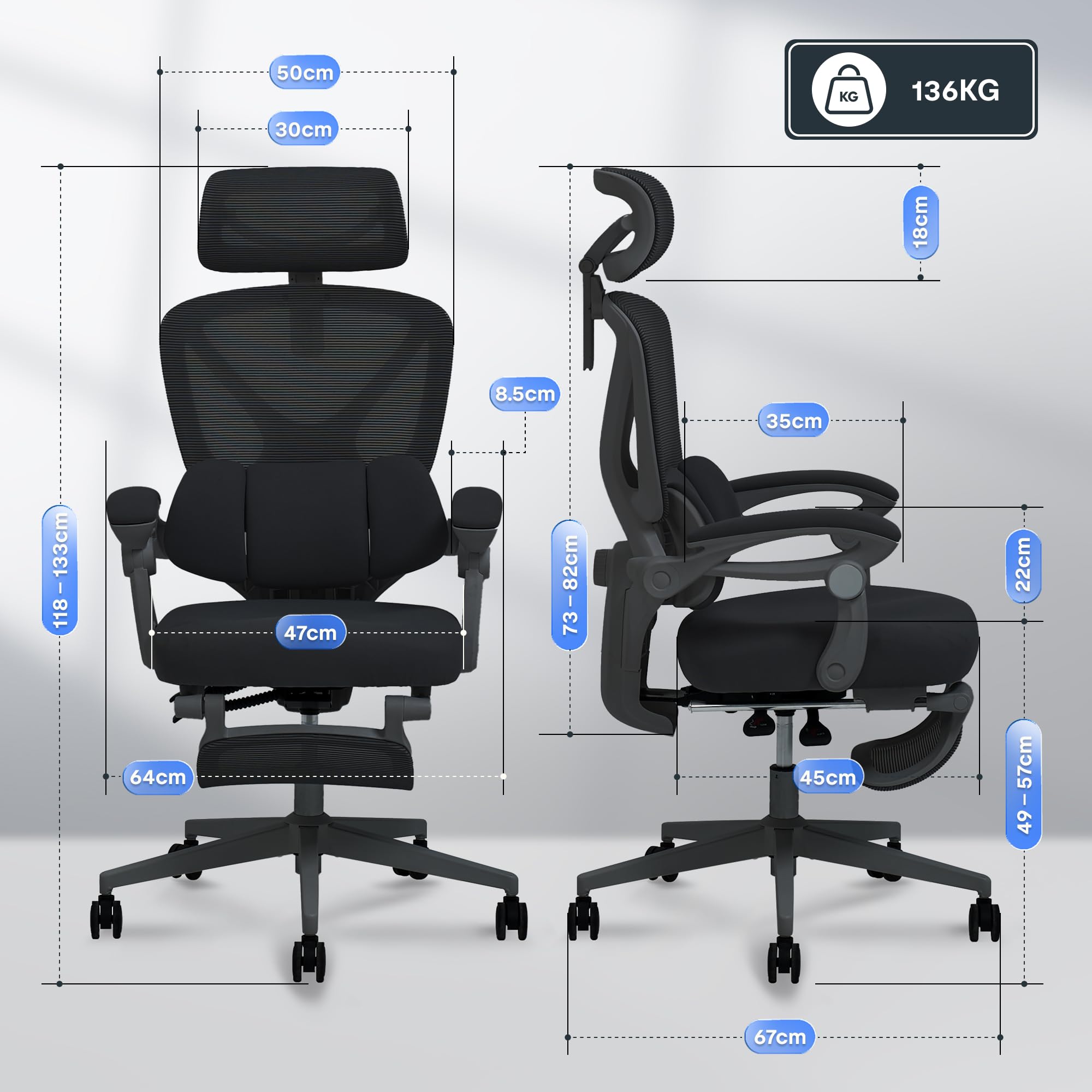FLEXISPOT Ergonomischer Bürostuhl mit Fußstütze, X-förmiger Schreibtischstuhl mit 135°-Neigung, Gekoppelte Armlehnen mit zonenweise Einstellbarer Lendenstütze, Drehstuhl, 3D-Kopfstütze, Schwarz 3