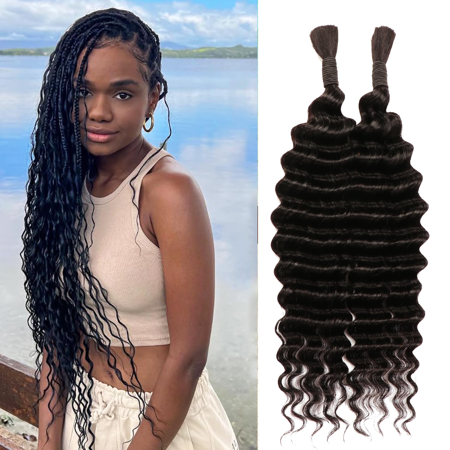 Hair for Boho Braids (Deep Wave 1B#, 24Inch 100g(50gx2Bundles)) — image 1