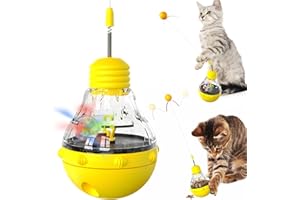FOXLVDA Interactive Cat Toy for Indoor Cats, Cat Treat Puzzle Feeder Toy-Cat Treat Dispenser, Engaging Tumbler Design with Teaser Wand, Durable, Non-Toxic and Safe, Cat Toys for Bored Indoor (Yellow)