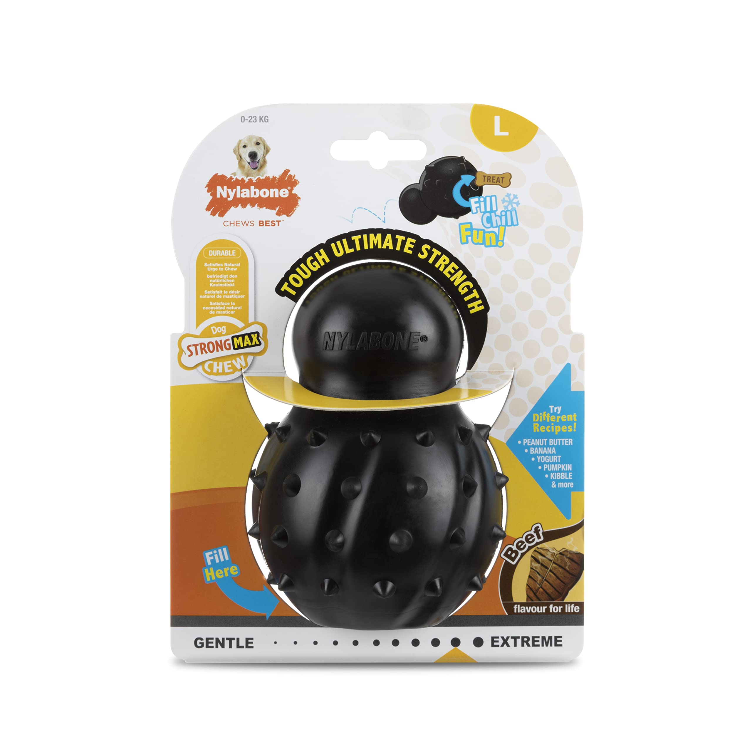 Nylabone Max Strength Rubber Cone Dog Chew Toy, Beef Flavour, Stuff with Treats, Large, for dogs 0-23kg, Black, Pack of 1