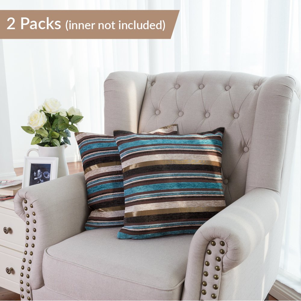 2 Packs Cushion Cover Throw Pillow Sham Chenille Pillow Case Blue Rainbow-Like Stripe Design Home Decor 18