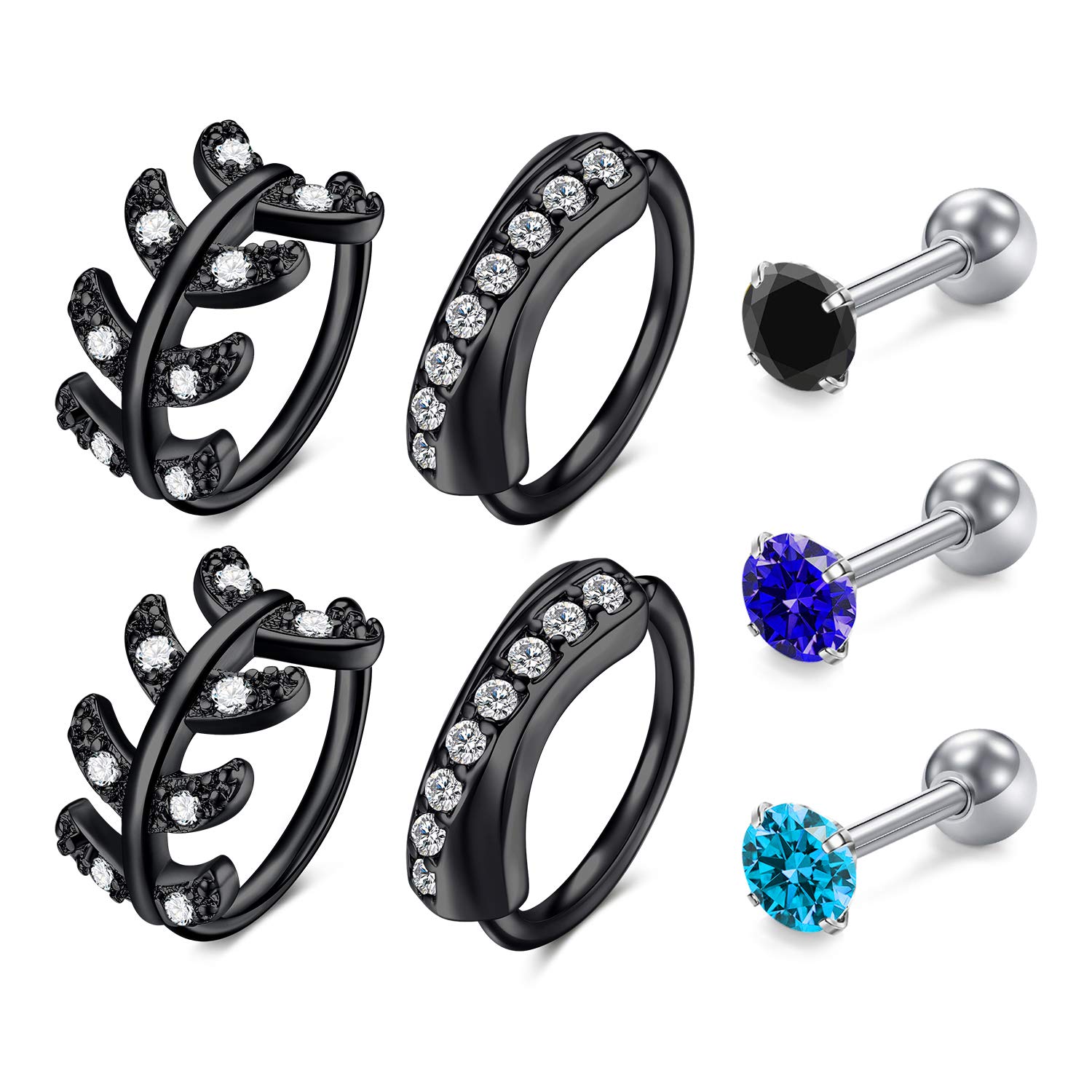 Mayhoop 7Pcs Stainless Steel Cartilage Helix Earrings for Men Women Helix Tragus Anti-Tragus CZ Barbell Conch Piercing Earrings Ear Hoop Earrings