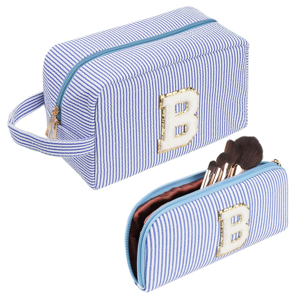 Large Makeup Bag,Travel Makeup Bag,Cute Initials Blue Corduroy Cosmetic Bag,Gift for Woman,Girlfriend,Best Friend,Mom,Daughter with Small Cosmetic Bag (B)