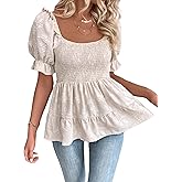 SOLY HUX Women's Summer Peplum Tops Square Neck Ruffle Short Sleeve Blouse Casual Shirred Shirts