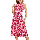 Bbonlinedress Women Halter Summer Floral Wedding Guest Dress Midi Casual Beach Vacation Flowy Boho Dress