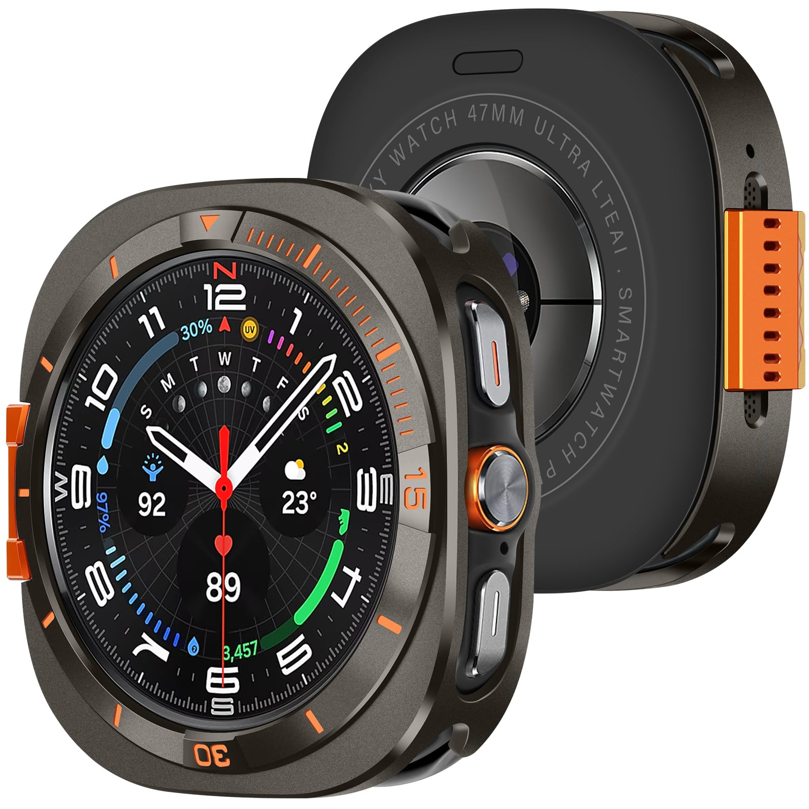 Amizee Metal Case Compatible with Samsung Galaxy Watch Ultra/Ultra 2(2025) Case 47mm with Back Cover, Rugged Protective Bumper Cover for Galaxy Watch 7/8 Ultra, Graphite/Orange