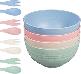 Parboom Umweltfreundliche Schüsseln, Unzerbrechliche Müslischalen, 4 Farben Schalen, Gabel und Löffel-Set 4 Stück, Mikrowellen und Spülmaschinenfest, BPA Free