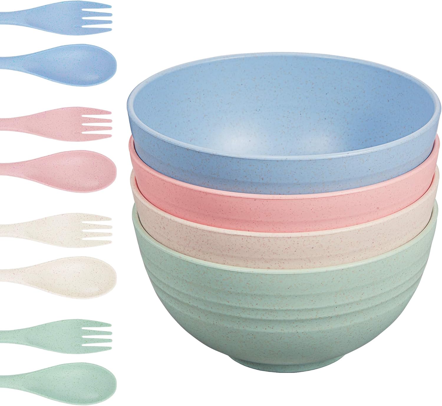 Parboom Umweltfreundliche Schüsseln, Unzerbrechliche Müslischalen, 4 Farben Schalen, Gabel und Löffel-Set 4 Stück, Mikrowellen und Spülmaschinenfest, BPA Free