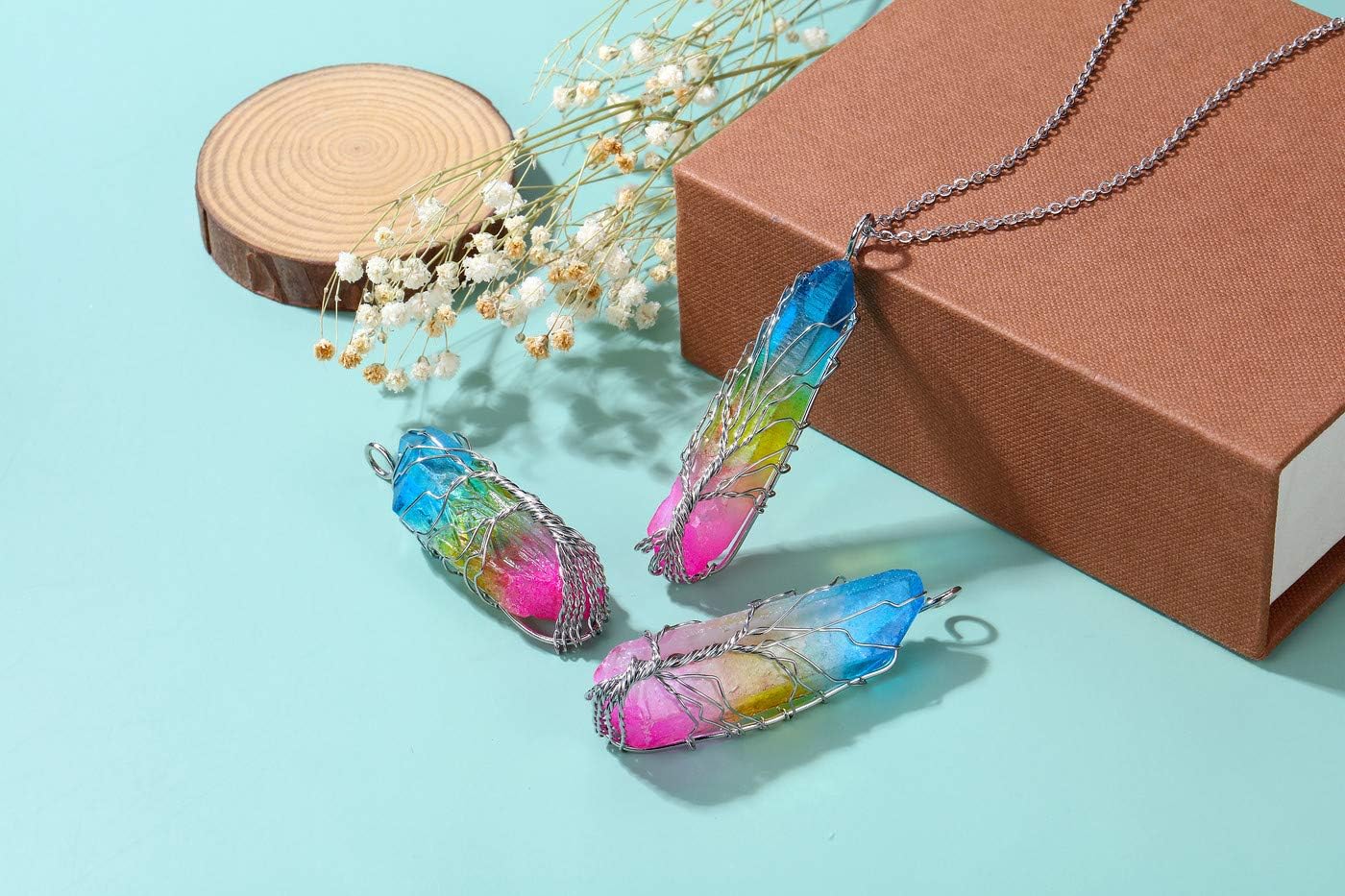 JOVIVI Natural Rainbow Quartz Tree of Life Healing Crystal Gemstone Irregular Rock Stone Chakra Pendant Necklace Silver Wire Wrap Gemstone Necklace Jewellery for Women - Image 3