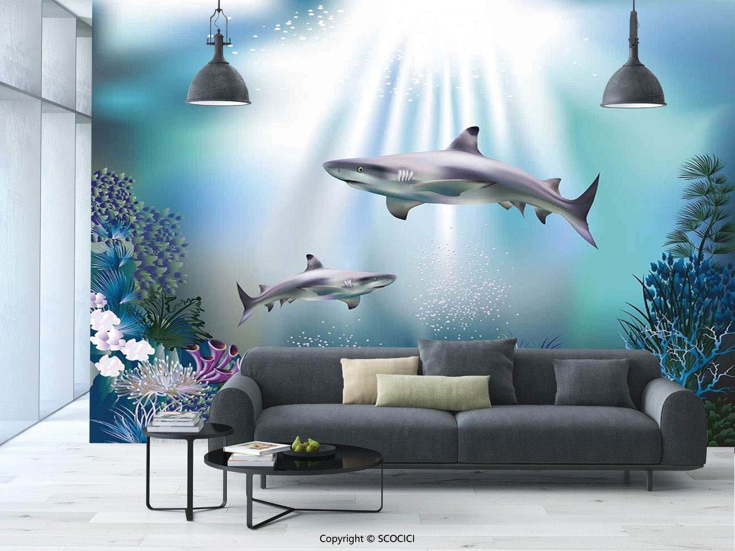 №05709 Large Removable Wallpaper Peel And Stick Wall Stickers | Underwater,Realistic Illustration Wild Sharks And Plants Corals Seaweed Aquatic Ocean Life,Multicolor | Wall Murals For Bedroom | 100X14