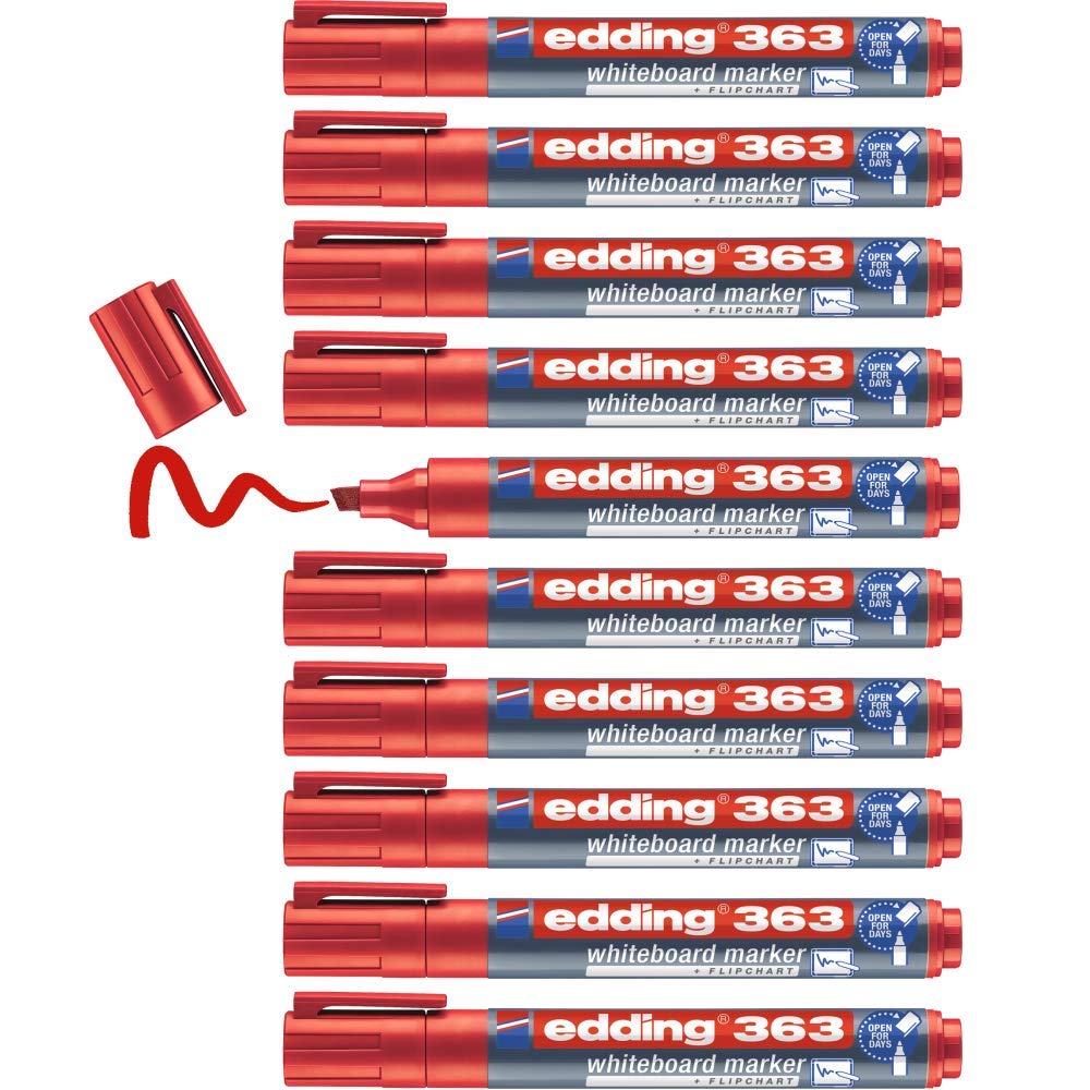 edding 363 whiteboard marker - red - 10 whiteboard pens - chisel tip 1-5 mm - whiteboard pen dry wipe - for whiteboards, flipcharts, pinboards, magnetic and memo boards - sketchnotes - refillable