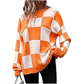 SHENHE Women's Checkered Color Block Oversized Sweater Plaid Crew Neck Drop Shoulder Pullovers
