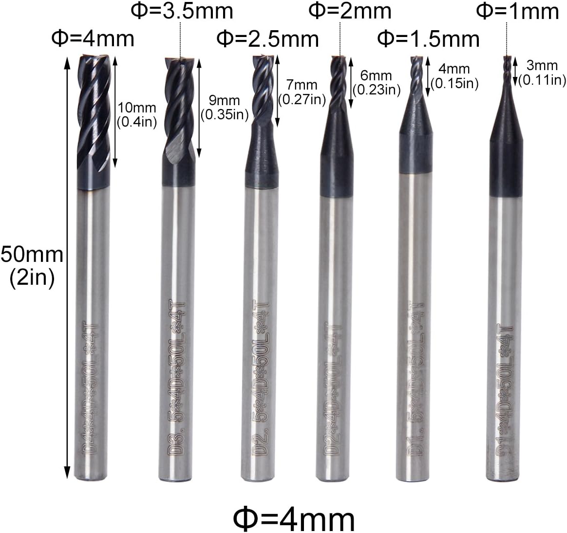 Latinaric 6pcs 1mm 1.5mm 2mm 2.5mm 3.5mm 4mm End Mill Cutters Drill Bits Tools Set 4 Flutes - Image 3
