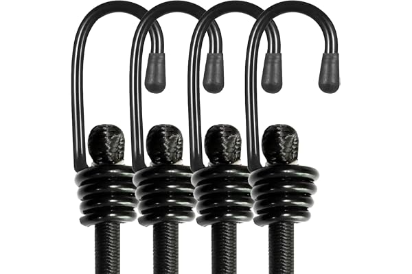 BEXSLE Bungee Cords with Hooks, Heavy Duty Outdoor Elastic Bungee Straps，No Odour Industrial Grade Bungee Rope for Securing Tarps, Luggage, Tents, Bikes or Garden Tidying 24inch 4Pcs (Black)