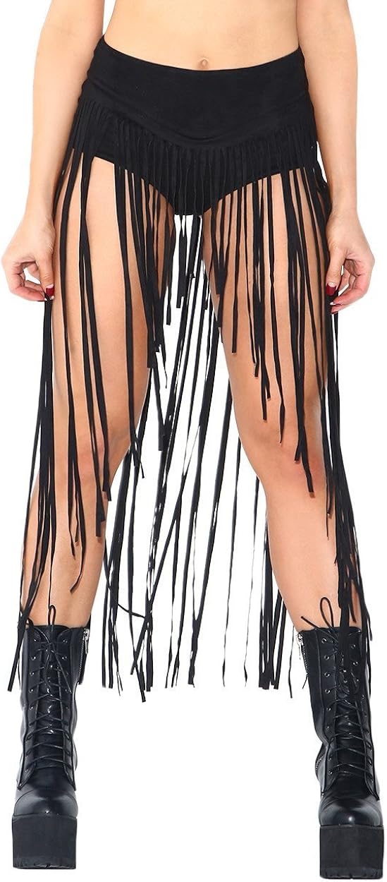 iHeartRaves Women's High Waisted Fringe Skirt Booty Shorts Tassel Skort: Clothing