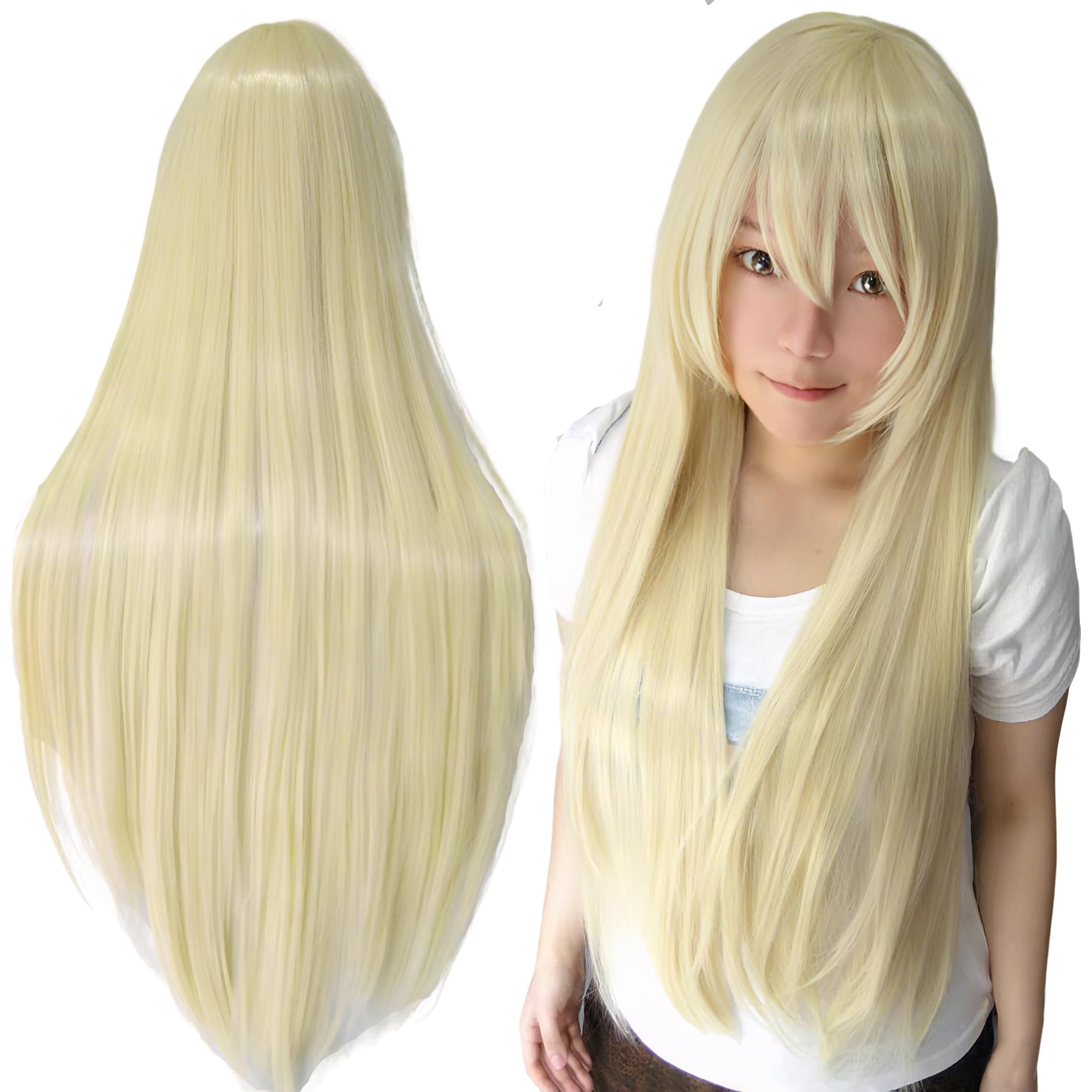 IMISSU 80cm Long Straight Natural Hair Cosplay Wigs with Bangs Colorful Halloween Costume Party Wig for Girl (Blonde)