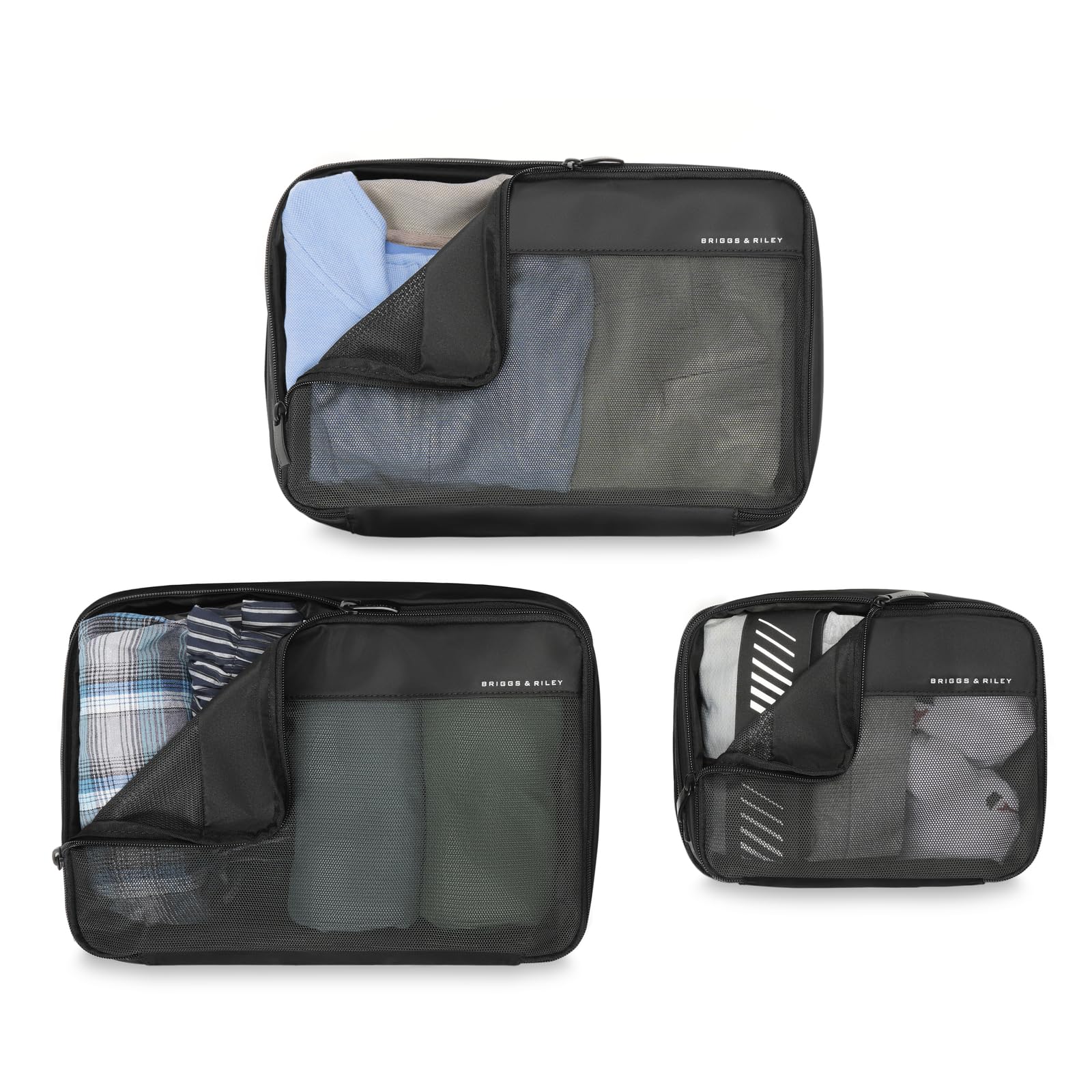 Briggs & Riley Briggs & Riley Carry On Compression Packing Cube Set - Bag Organizer for Suitcase & Luggage, Travel Essentials for Women & Men, Pack Accessories for Vacation, Maximize Storage Space - 3-Piece, Black