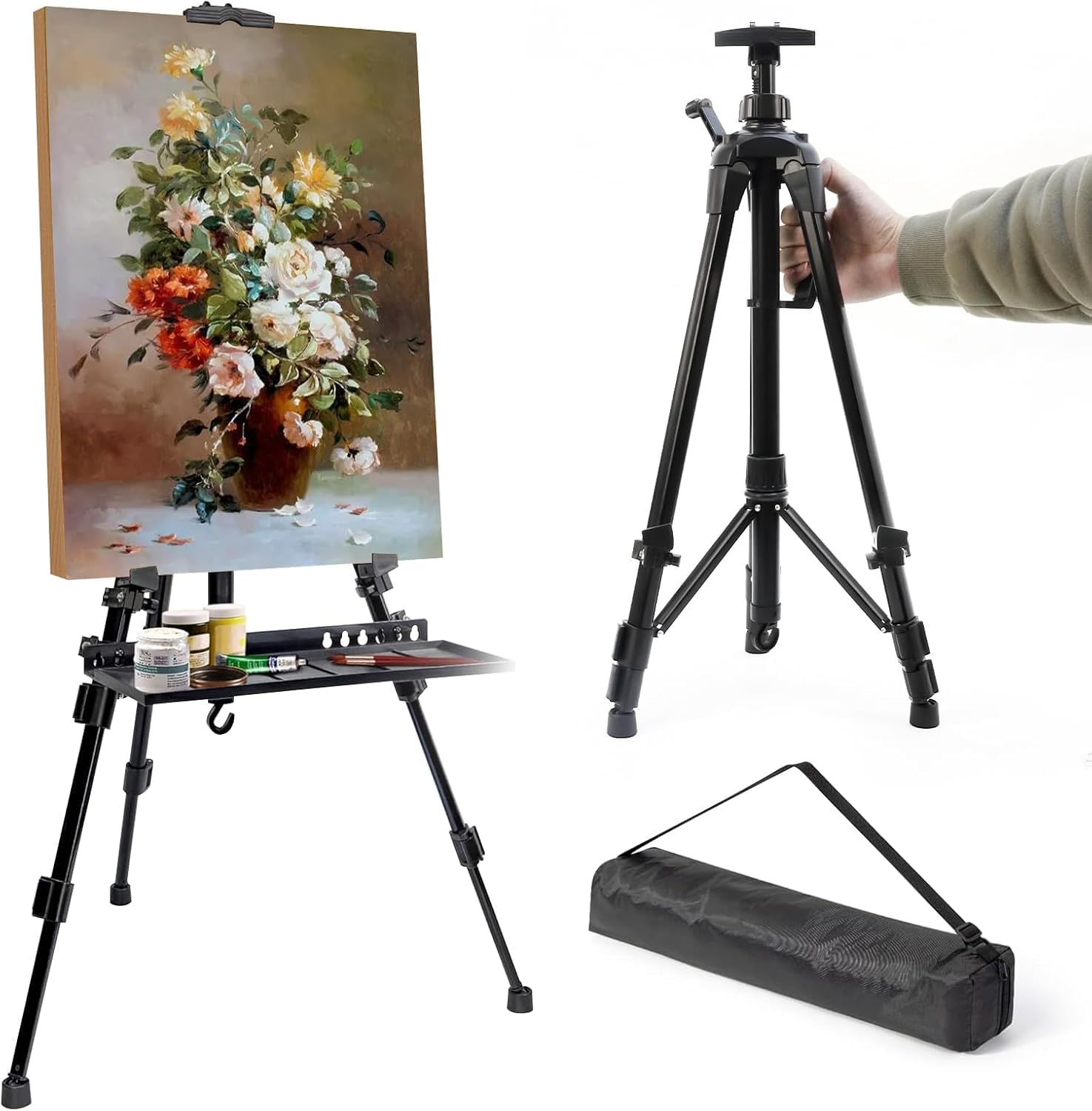 Artist Easel Stand for Painting with Tray & Bag, 55-155cm Adjustable Folding Tripod Display Easel, Painting Display Easel for Drawing, Poster