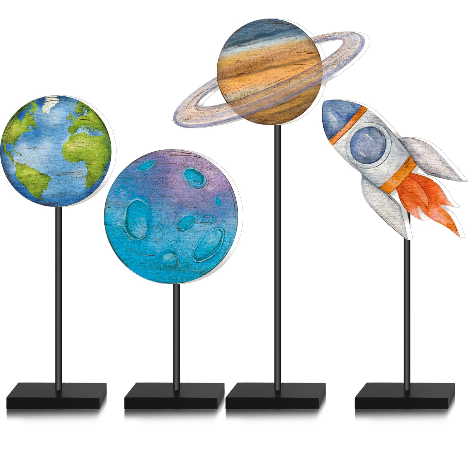 Photo 1 of Yinkin 4 Pcs Outer Space Centerpieces for Tables Outer Space Party Decorations Baby Shower Wooden Standing Rustic Planets Earth Block for Boy Solar System Birthday Decorations Party Supplies